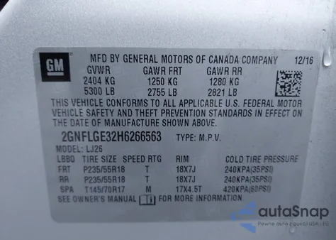 2017 Chevrolet Equinox Premier z USA, uszkodzony, nr VIN 2GNFLGE32H6266563